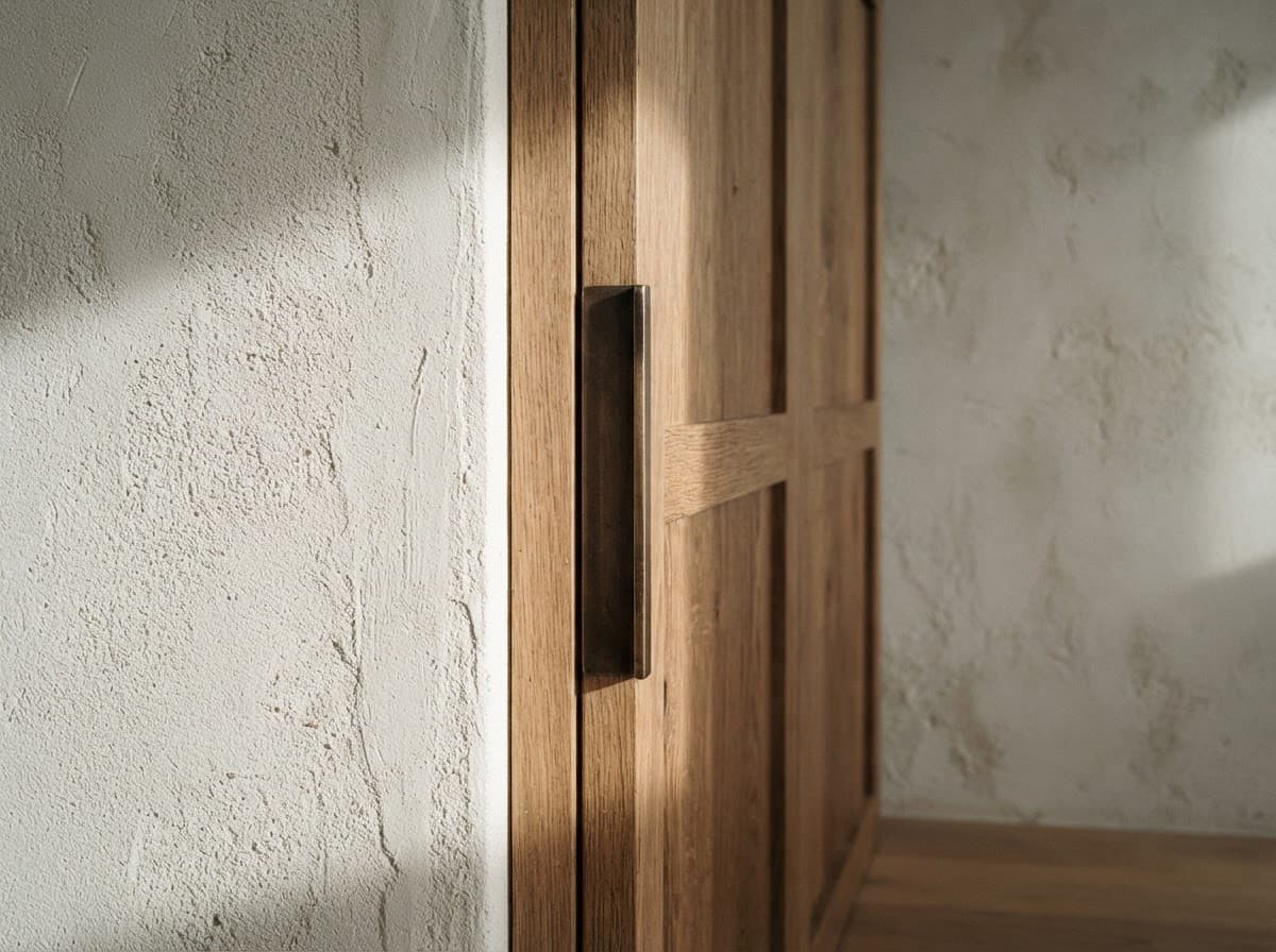 Detalle de cal, roble y un tirador de bronce.
