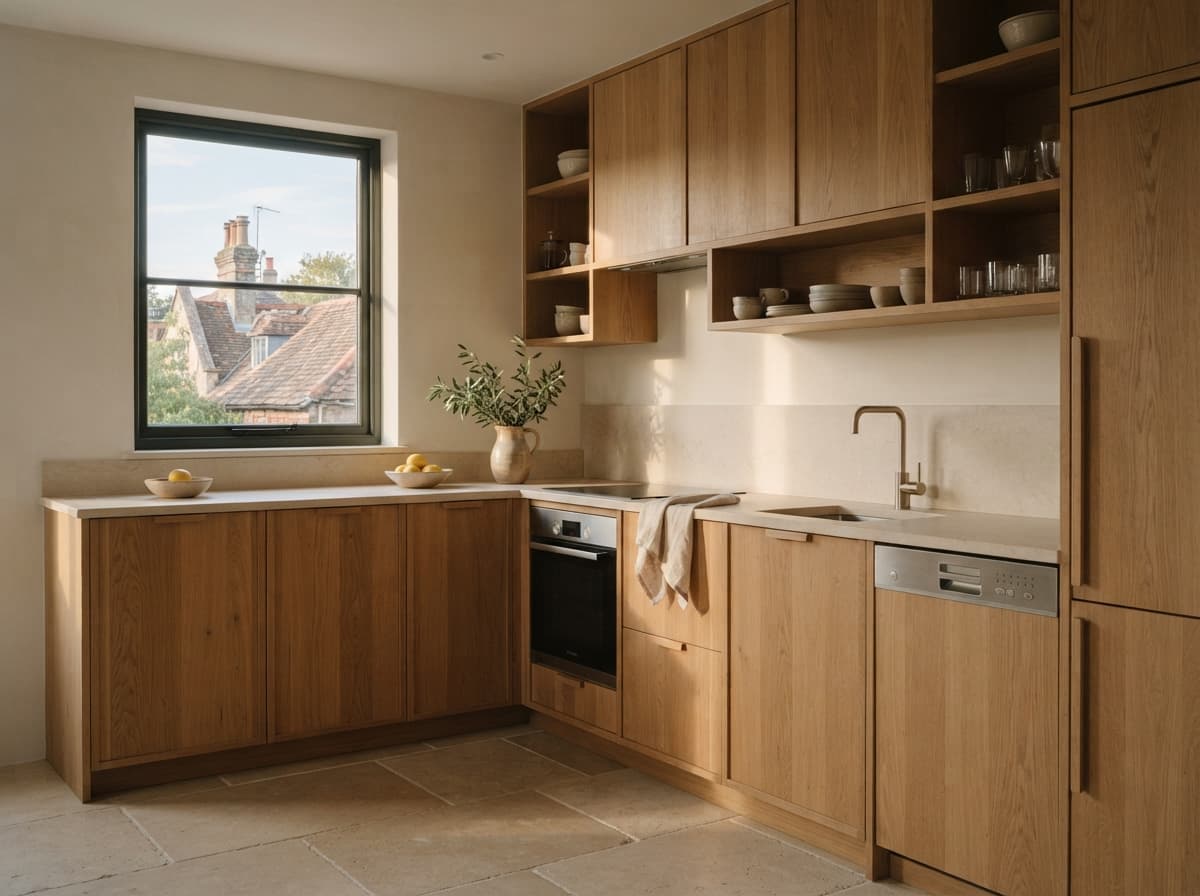 Cocina de roble y piedra con luz de tarde.