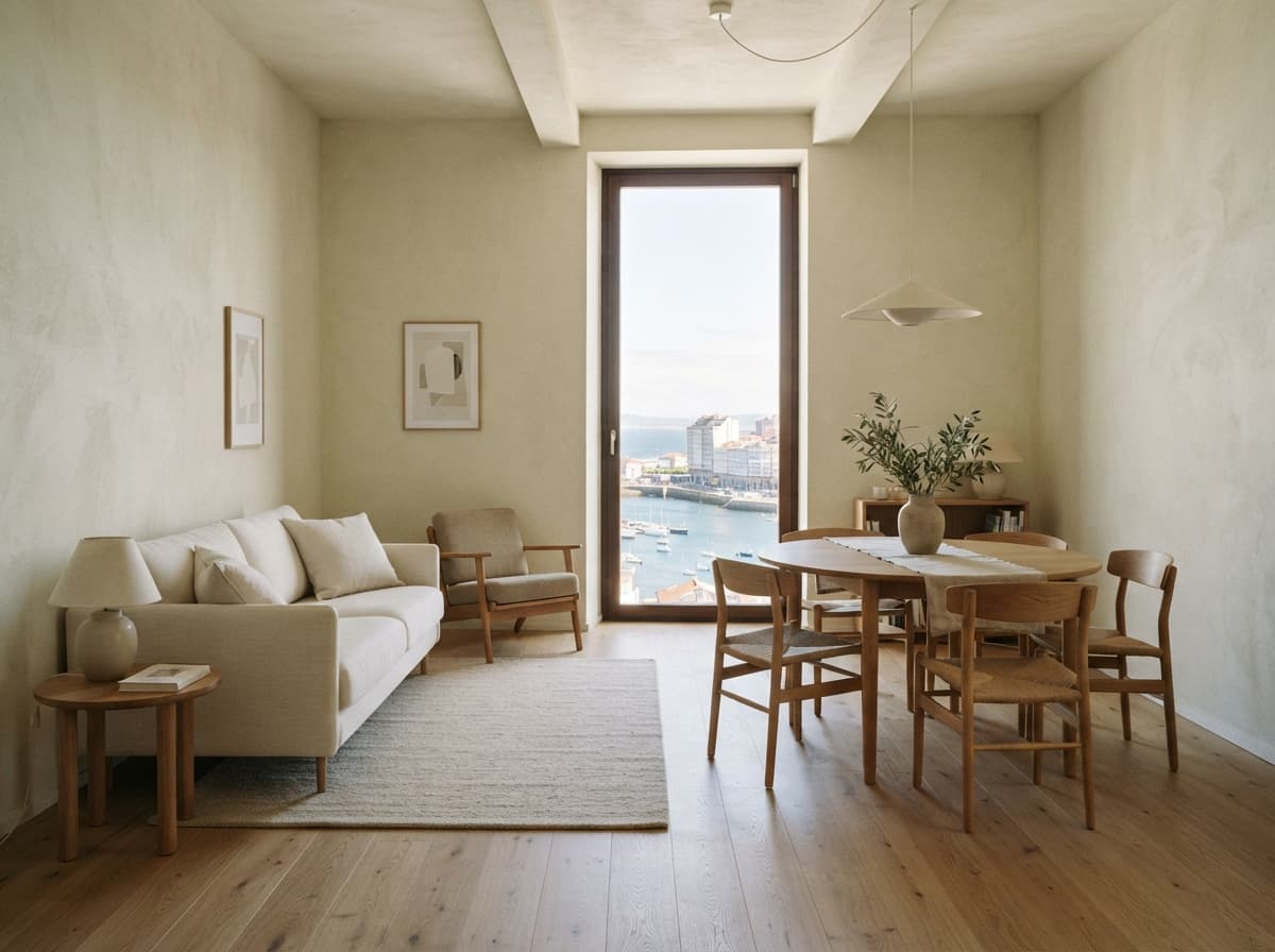 Salón-comedor luminoso de un apartamento coruñés.