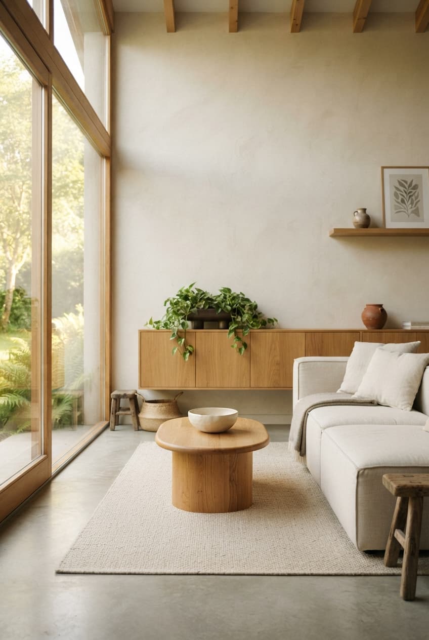 Sala de estar minimalista bañada por luz natural.