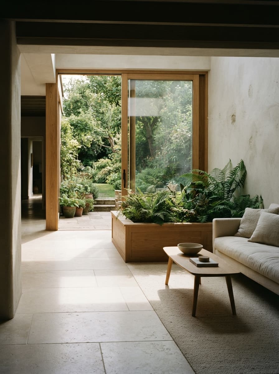 Interior de planta abierta con vistas al jardín.