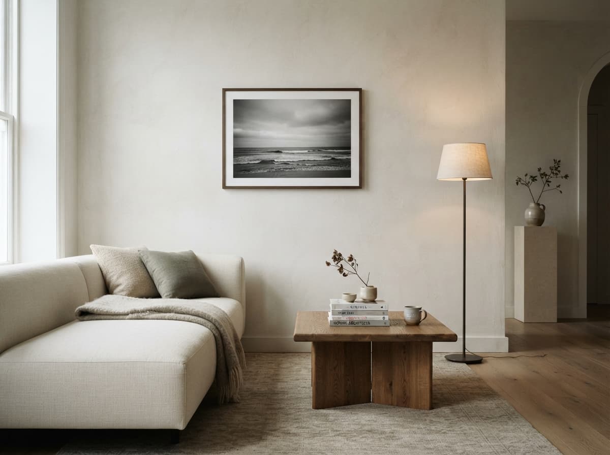 A serene interior corner of a refined apartment: a pale plaster wall carries a single framed black-and-white seascape; below it a low cream sofa, an oak coffee table stacked with design books, and a slender floor lamp. Soft overcast daylight from a window just out of frame. Landscape 4:3, calm asymmetric composition with generous wall space, muted and elegant, timeless restraint. Photorealistic editorial architectural photography, shot on a full-frame camera with a 35mm lens, no people, no text, no logos, no watermark. Restrained warm palette — oak, limestone, linen, off-white render, muted greens. Natural light only, soft and directional, gentle contrast, true colours, fine grain. Calm, quiet, timeless luxury; nothing glossy or over-saturated.