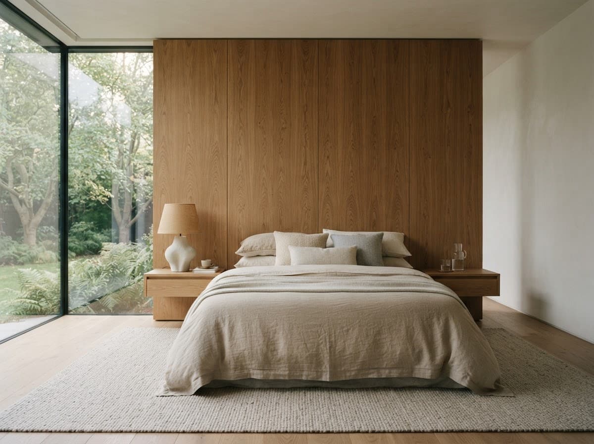 A minimal bedroom with a full-height oak headboard wall, linen bedding in warm neutrals, a sculptural bedside lamp, and a large window opening onto greenery. Quiet morning light, soft and diffuse. Landscape 4:3, symmetrical calm, texture of linen and oak foregrounded, luxurious and understated. Photorealistic editorial architectural photography, shot on a full-frame camera with a 35mm lens, no people, no text, no logos, no watermark. Restrained warm palette — oak, limestone, linen, off-white render, muted greens. Natural light only, soft and directional, gentle contrast, true colours, fine grain. Calm, quiet, timeless luxury; nothing glossy or over-saturated.