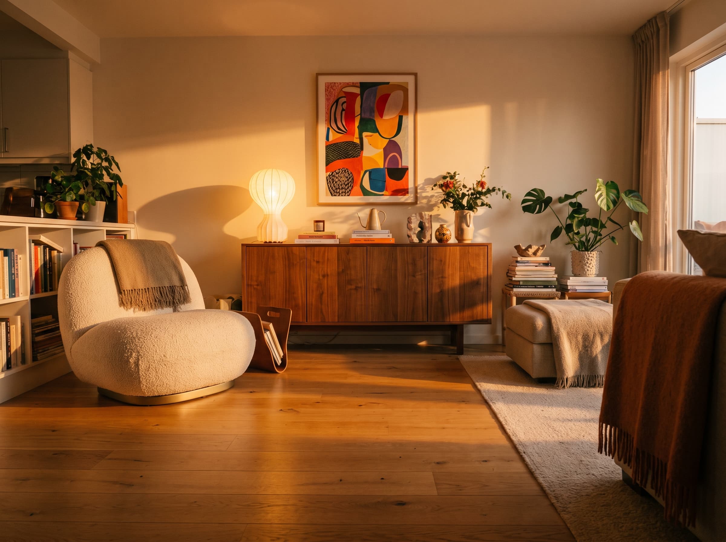 A warm living space at golden hour: a vibrant framed abstract artwork hangs above a walnut sideboard, a sculptural table lamp glows, a curved bouclé armchair sits on wide oak flooring. Low sun throws long amber light across the room. Landscape 4:3, collected and personal, richer warmer palette than the others, lived-in luxury, soft highlights. Photorealistic editorial architectural photography, shot on a full-frame camera with a 35mm lens, no people, no text, no logos, no watermark. Restrained warm palette — oak, limestone, linen, off-white render, muted greens. Natural light only, soft and directional, gentle contrast, true colours, fine grain. Calm, quiet, timeless luxury; nothing glossy or over-saturated.