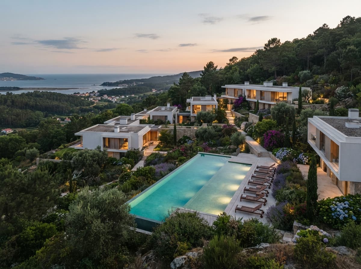 A dusk aerial three-quarter view of a contemporary Galician residential development: low white-rendered volumes stepping down a wooded hillside, a long turquoise infinity pool with a neat row of sun loungers, mature Mediterranean planting and flowering purple shrubs between the blocks. Warm evening light, sky graduating from peach to soft blue, pool water glowing. Landscape 4:3, elevated drone perspective, crisp architectural lines against soft foliage, tranquil golden hour. Photorealistic editorial architectural photography, shot on a full-frame camera with a 35mm lens, no people, no text, no logos, no watermark. Restrained warm palette — oak, limestone, linen, off-white render, muted greens. Natural light only, soft and directional, gentle contrast, true colours, fine grain. Calm, quiet, timeless luxury; nothing glossy or over-saturated.