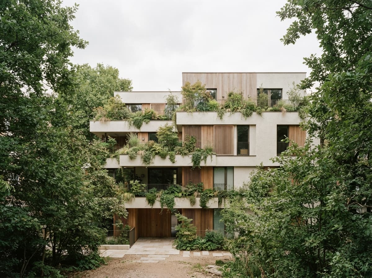 The exterior of a modern low-rise housing block with deep planted terraces, vertical timber screens and white render, framed by tall mature trees. Overcast soft even light, no harsh shadows. Landscape 4:3, frontal-oblique elevation, greenery spilling from every terrace, contemporary and restrained, matte surfaces under a bright grey sky. Photorealistic editorial architectural photography, shot on a full-frame camera with a 35mm lens, no people, no text, no logos, no watermark. Restrained warm palette — oak, limestone, linen, off-white render, muted greens. Natural light only, soft and directional, gentle contrast, true colours, fine grain. Calm, quiet, timeless luxury; nothing glossy or over-saturated.