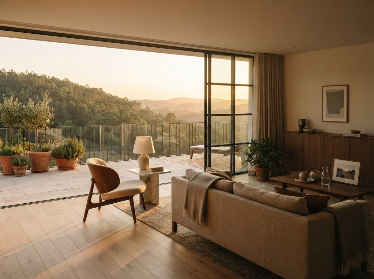 Salón abierto a una terraza al atardecer.