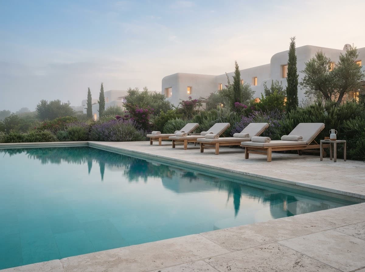 Piscina turquesa al amanecer bordeada de piedra caliza.