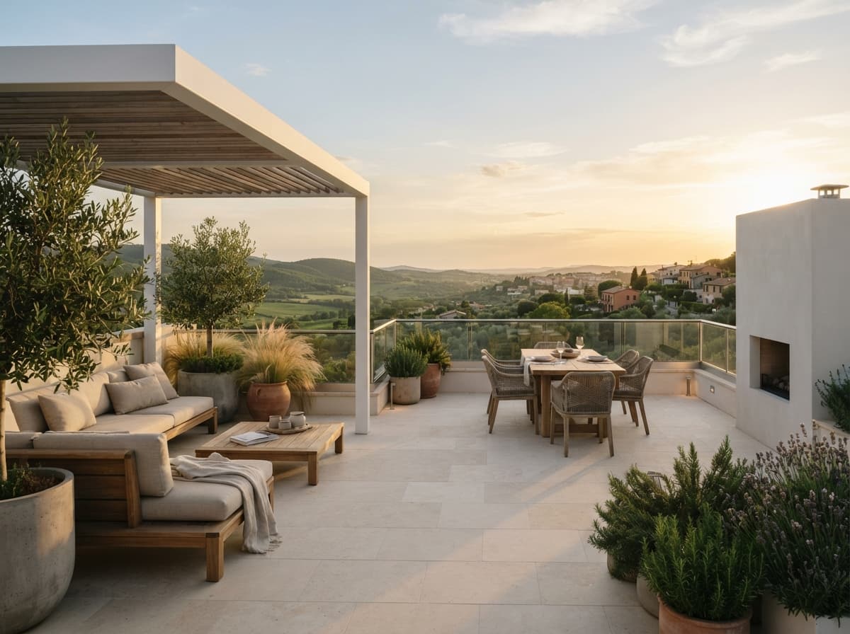 Terraza en la azotea al atardecer.