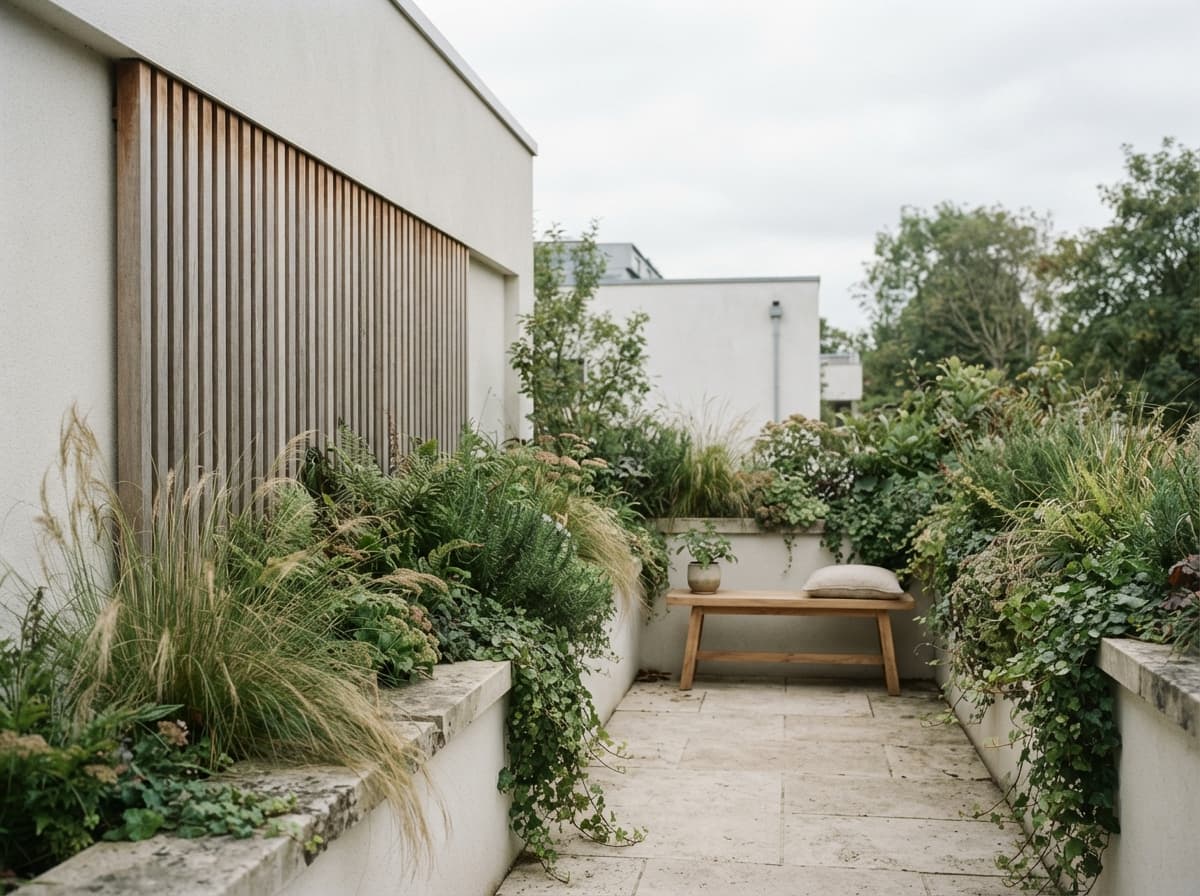 Terraza plantada con celosía de madera.